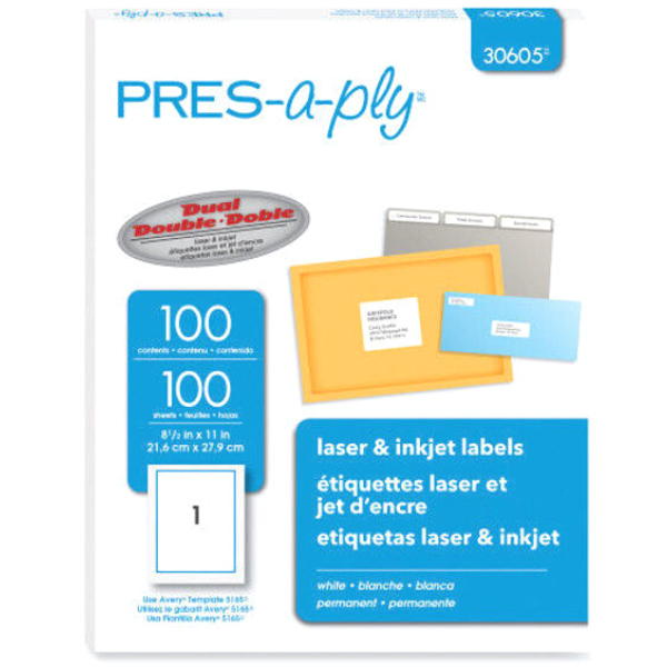 Picture of 45-060 PRES-a-ply 8-1/2x11 Laser/Inkjet Labels (100) #AVE 30605